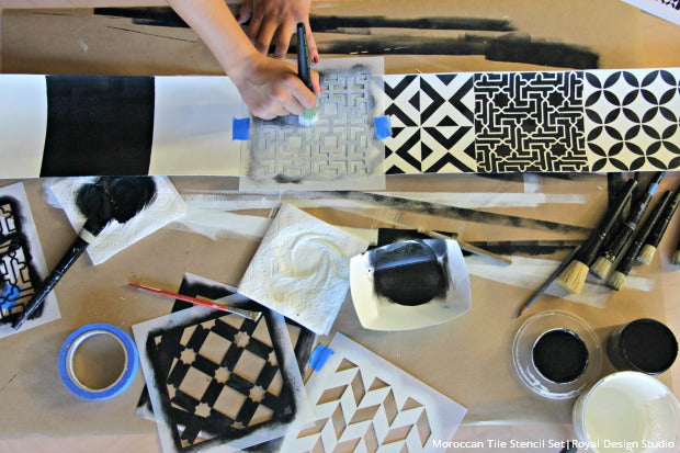 DIY Tutorial with VIDEO: Painting and Stenciling Stair Risers with Pattern the Easy Way with Paint, Peel, and Stick Canvas from Royal Design Studio