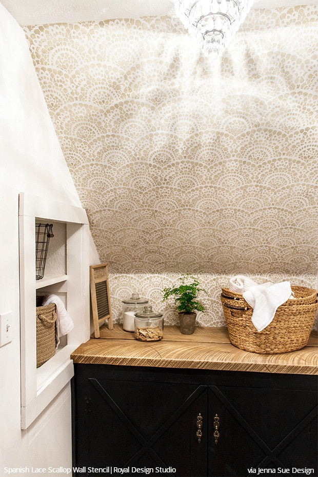 Stenciling a DIY Vinatge Farmhouse Cottage Style Laundry Room Makeover - Royal Design Studio Lace Wall Stencils