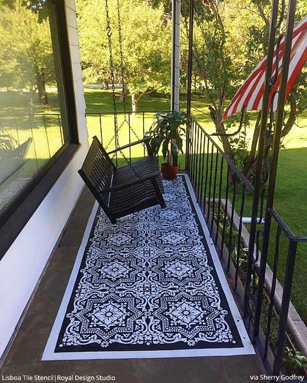 Come On In! Welcome Guests with a Stenciled Porch or Patio Floor! DIY Home Decorating Ideas using Royal Design Studio Floor Stencils and Tile Stencils for Painting