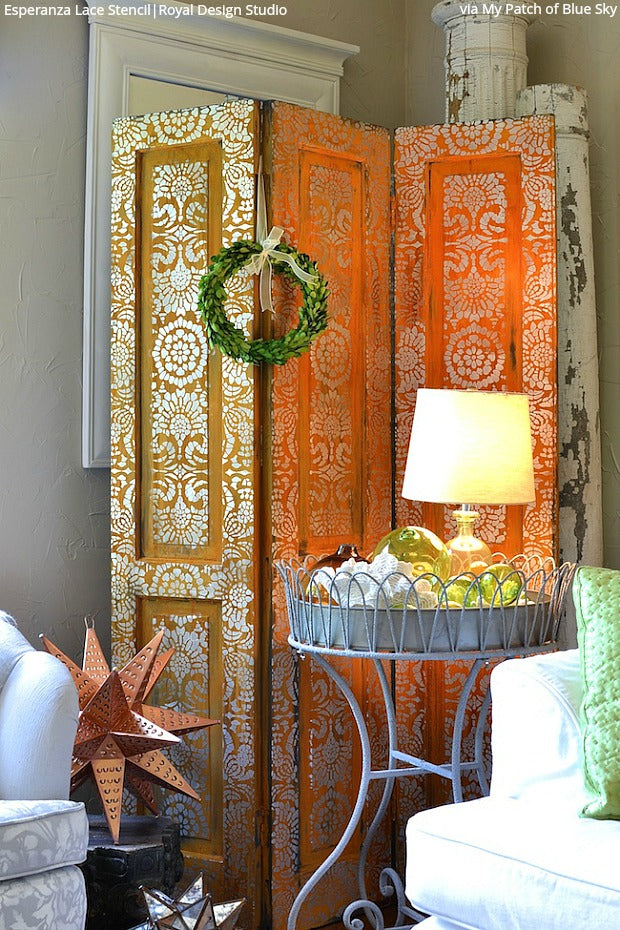 Privacy Screens Made Pretty with Stencils, Paint & Etched Glass - 7 DIY Decor Ideas using Royal Design Studio Glass Stencils