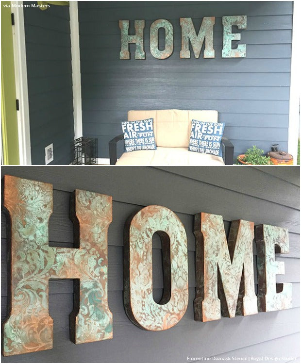 DIY Wall Art Stencil Tutorial from Royal Design Studio: Painted Patina Wall Letters for Outdoor Home Decor