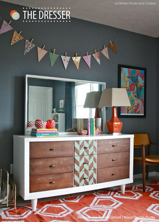 Stenciled Upcycled Dresser in Better Homes and Gardens