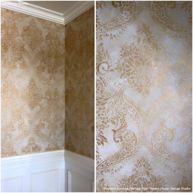 Stenciled Walls Strike Gold - 16 Metallic Gold Painted Room Makeover Ideas using Royal Design Studio Wall Stencils