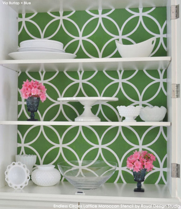 Stenciled Cabinet Back | Endless Circles Lattice from Royal Design Studio | Project by Linda Smith of Burlap + Blue