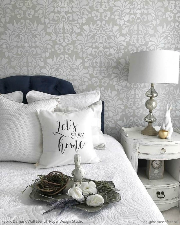 Stencil Your Bedroom Walls with a Classic Damask Wallpaper Look - French Country Farmhouse Style Bedroom Makeover by Home on Fern Hill - Fabric Damask Wall Stencils by Royal Design Studio