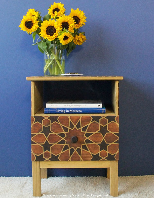 DIY VIDEO TUTORIAL - How to Stencil & Stain Furniture with a Faux Wood Inlay Design - Royal Design Studio Moroccan Furniture Stencils