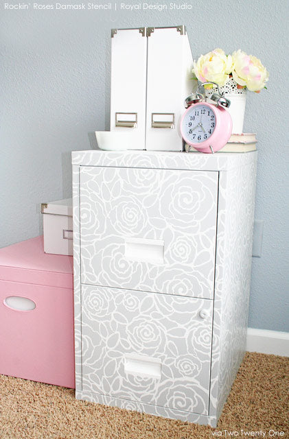 Stenciling on Unique Surfaces : Rockin' Roses  Damask Stencil on File Cabinets!
