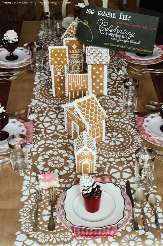 A Winter Wonderland table setting with Royal Design Studio's Parlor Lace Stencil