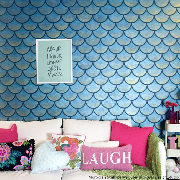 Mermaids & Wall Stencils: The Prettiest Decorating Craze - DIY Scallop Fish Scales Wall Mural Stencils from Royal Design Studio