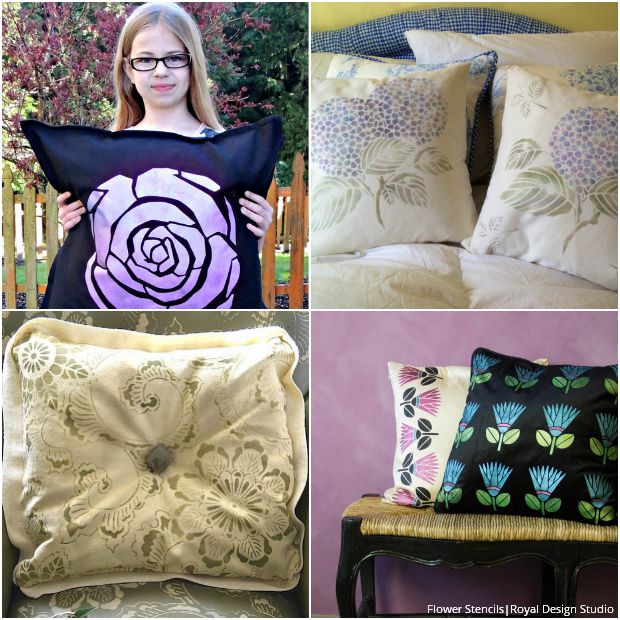 Stenciled Pillows for Every Style - Cute Flower Fabric Stencils by Royal Design Studio