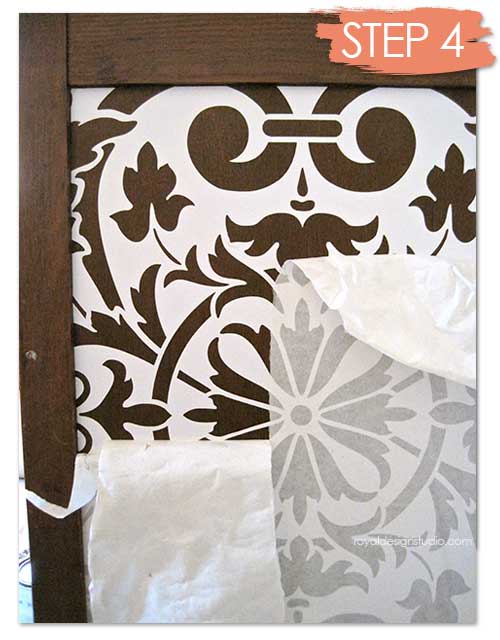 Stenciling furniture with a Modello vinyl stencil from Modello Designs - How To Paint Pattern on Wood Table