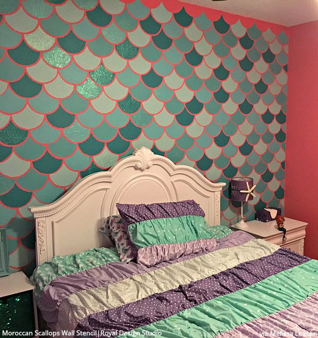 The #1 Thing You Need for a Mermaid Bedroom Wall Mural - DIY Home Decor Ideas - Fish Scale Tail Wallpaper Wall Stencils from Royal Design Studio Stencils