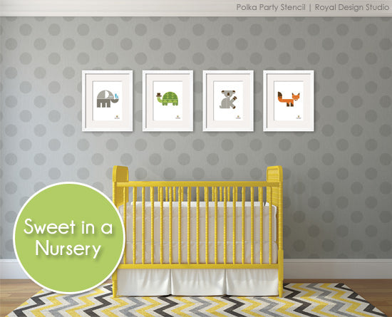 Polka Dot pattern stencil perfect for nurseries. Shown in warm gray colors | Royal Design Studio Stencils