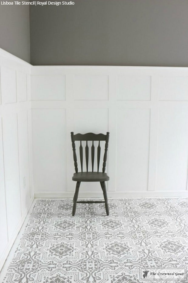 How to Prep and Paint a Concrete Floor with DIY Tile Stencils - Royal Design Studio Stencils Painted in Bedroom Makeover by The Crowned Goat