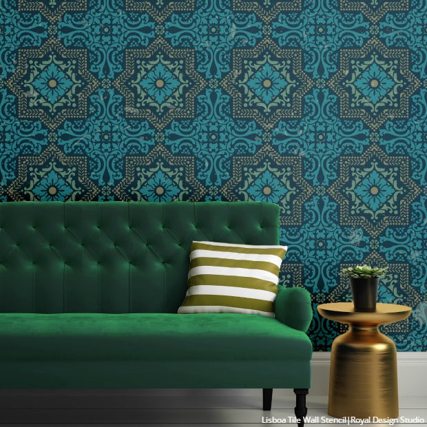 2017 Home Decor Trend Watch - Terracotta Wall Art, Green Couch, and Cork - Get the Look for Less with Royal Design Studio Stencils