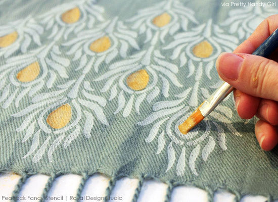 Painting Details on Stenciled Scarf | Peacock Fancy Stencil from Royal Design Studio