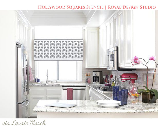 Stenciled Cornice Board with modern Hollywood Squares Stencil | Contemporary Stenciled Window Treatment Idea | Royal Design Studio