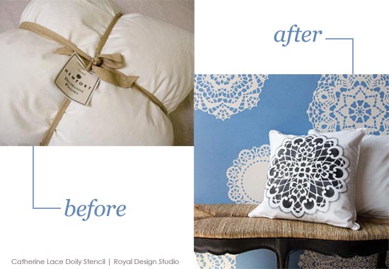 Before and After stenciling a lace doily stencil design on plain canvas pillow covers