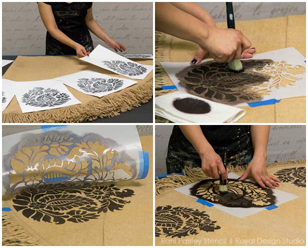 How to Paint & Stencil Burlap Tablecloths - Romantic Floral or Exotic Paisleys Patterns? Royal Design Studio Fabric Stencils