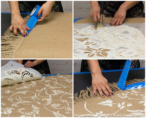 How to Paint & Stencil Burlap Tablecloths - Romantic Floral or Exotic Paisleys Patterns? Royal Design Studio Fabric Stencils