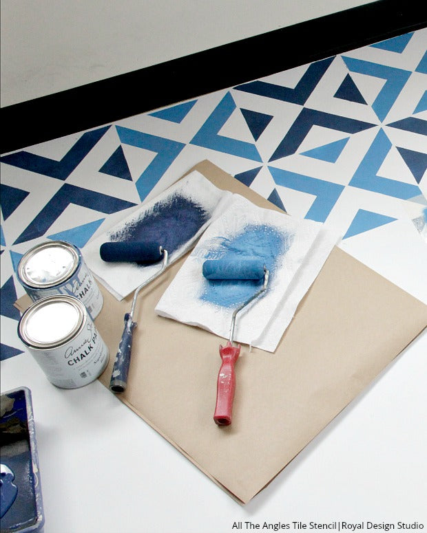 How to Stencil a Boho Blue Tile Floor - VIDEO TUTORIAL - Easy DIY Project Painting with Tile Stencils, Floor Stencils, Bohemian Stencils from Royal Design Studio