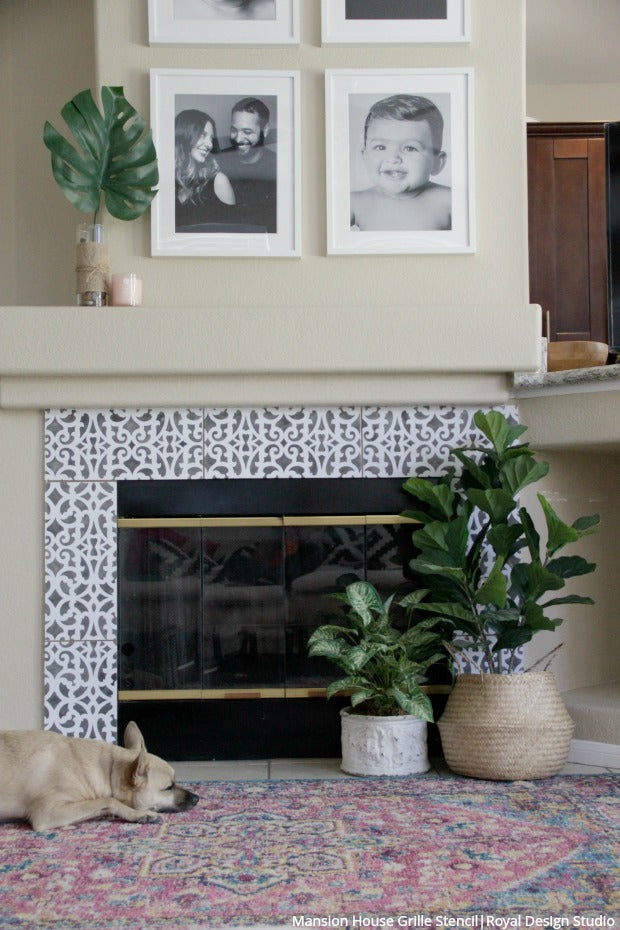 Hot Hack: How to Stencil Your Fireplace - Tile Fireplace Surround DIY Project - Painting Stencils from Royal Design Studio