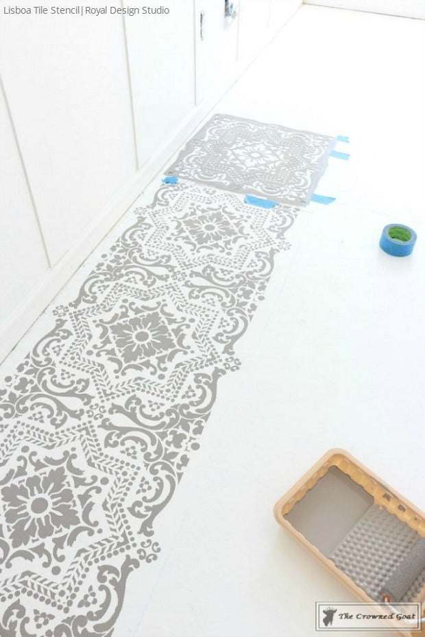 How to Prep and Paint a Concrete Floor with DIY Tile Stencils - Royal Design Studio Stencils Painted in Bedroom Makeover by The Crowned Goat