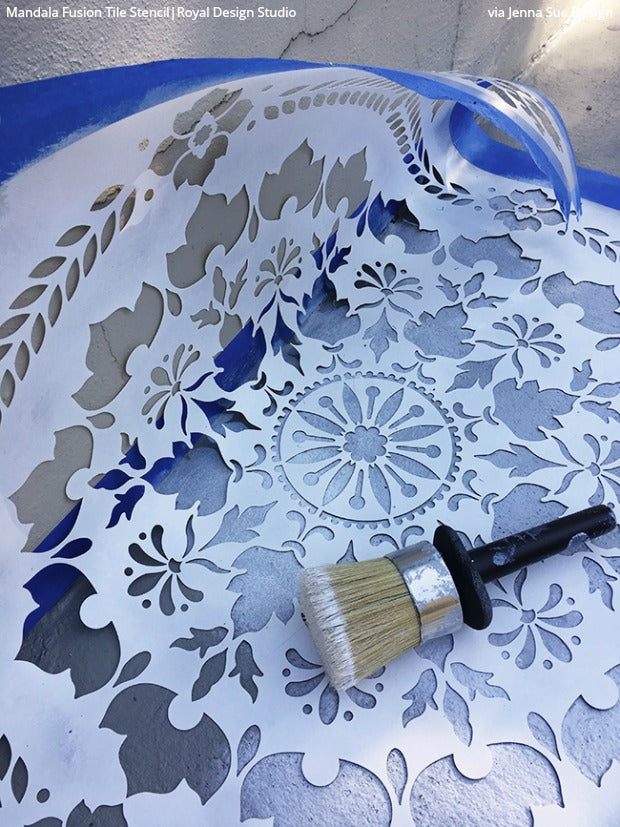 How to Stencil & Paint a Concrete Patio Floor with Royal Design Studio Floor Stencils & Tile Stencils - DIY Decorative Concrete Porch Floor Pattern Painting Stencils