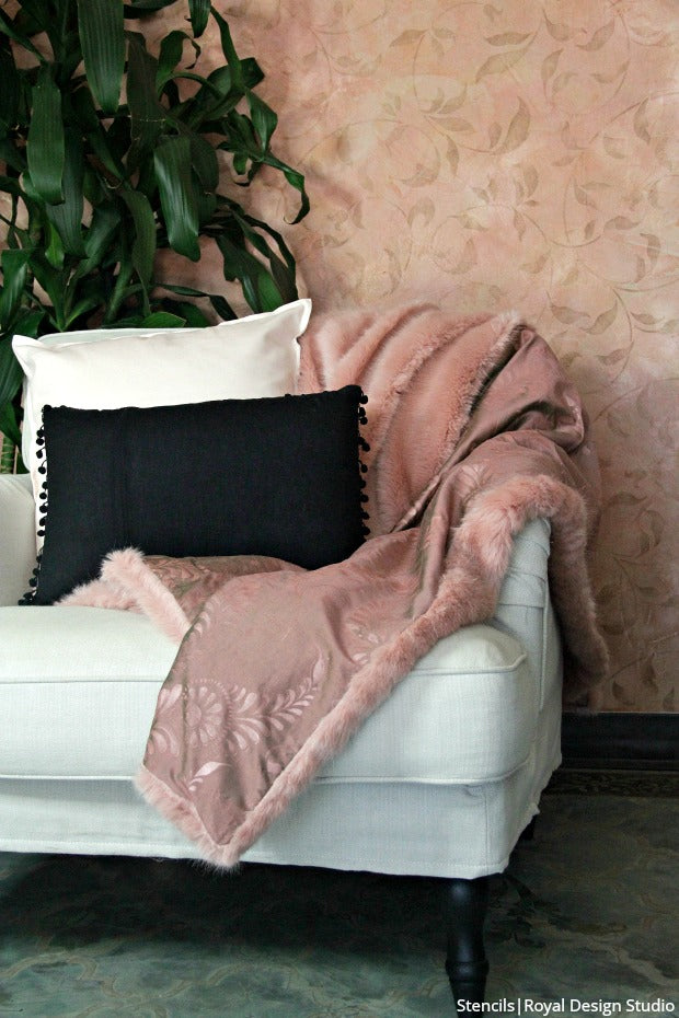 How to Paint Fabric: Stenciling a Pretty Pink DIY Throw Blanket with Satin and Fur - Royal Design Studio Fabric Stencils