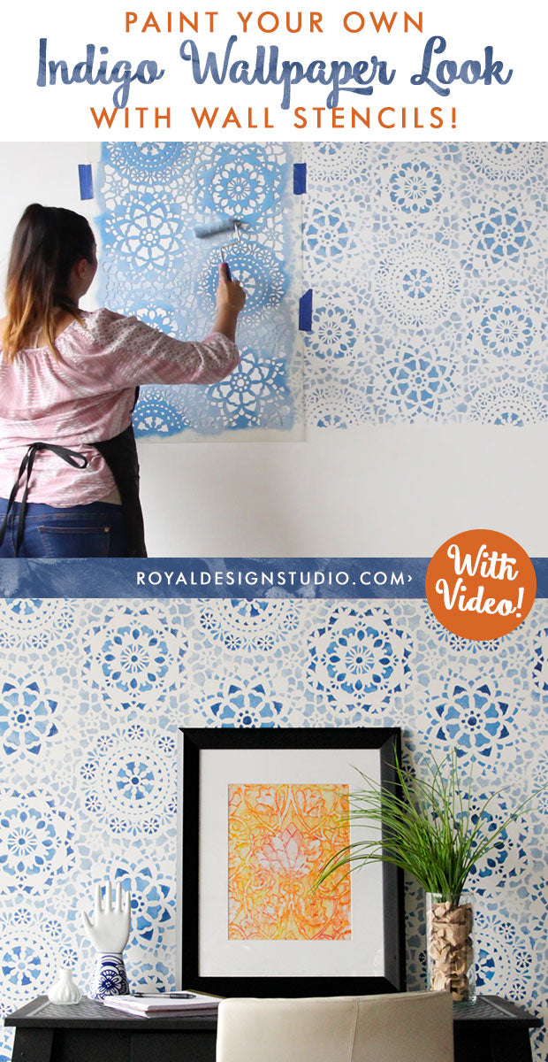 [VIDEO TUTORIAL] Paint Your Own DIY Indigo Blue Wallpaper Look with Large Lace Wall Stencils for Painting - Royal Design Studio