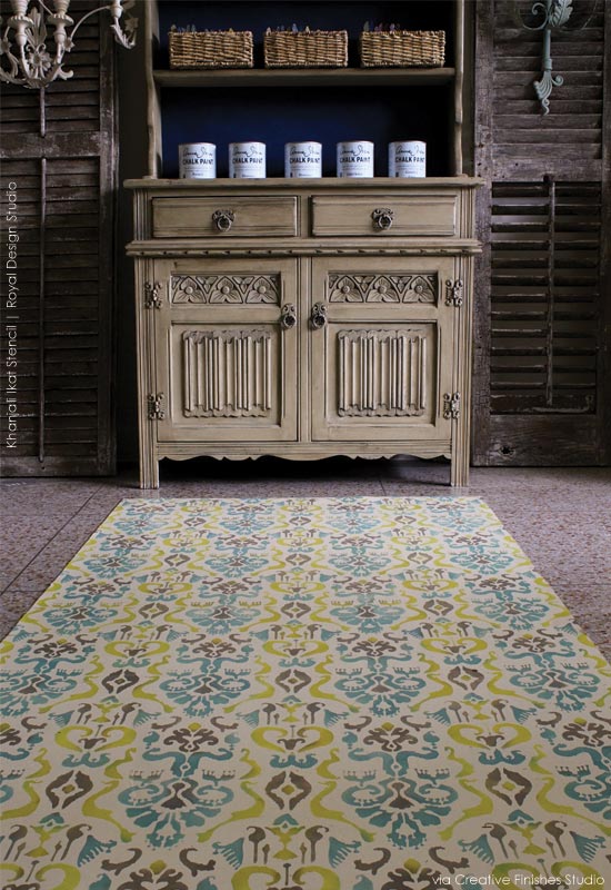 Stenciled Floorcloth inspiration with Khanjali Ikat Stencil from Royal Design Studio