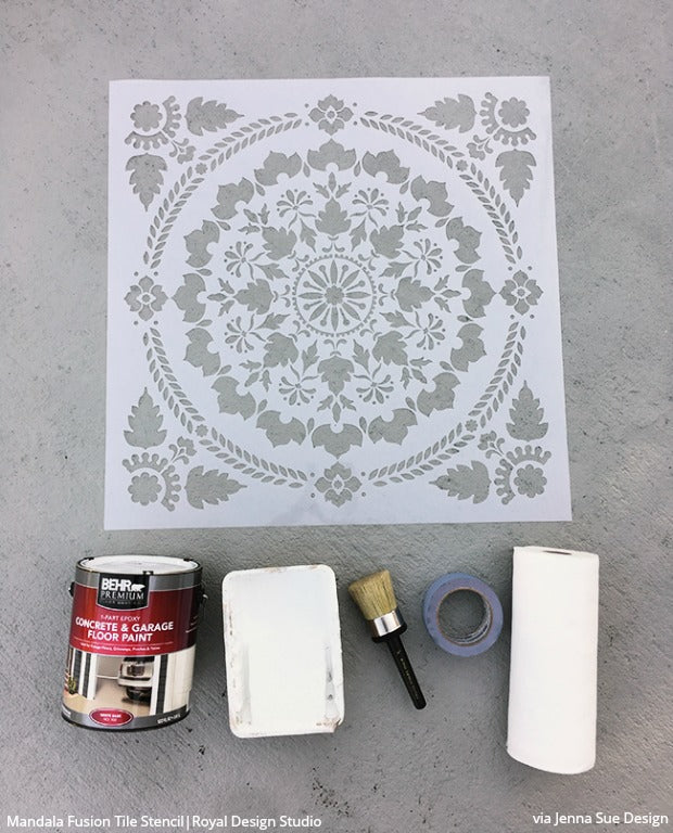 How to Stencil & Paint a Concrete Patio Floor with Royal Design Studio Floor Stencils & Tile Stencils - DIY Decorative Concrete Porch Floor Pattern Painting Stencils