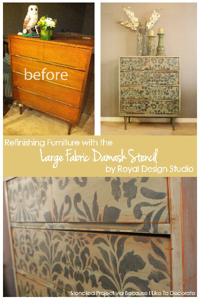 Refinishing Furniture with the Large Fabric Damask from Royal Design Studio | Allover Damask Stencil Collection