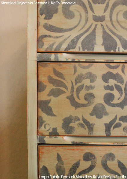 Large Fabric Damask Stencil on Distressed Furniture | Royal Design Studio