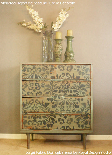 Large Fabric Damask Stencil and Chalk Paint decorative paint used to refinish a dresser | Royal Design Studio