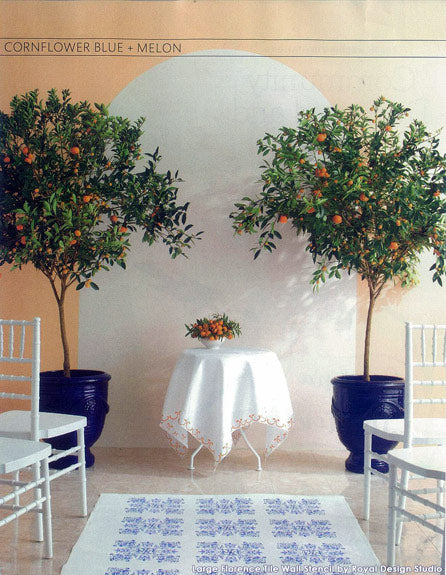 Royal Design Studio's Florence Tile Wall Stencil on linen as an aisle floor runner in a wedding ceremony | Featured in Martha Stewart Weddings Magazine