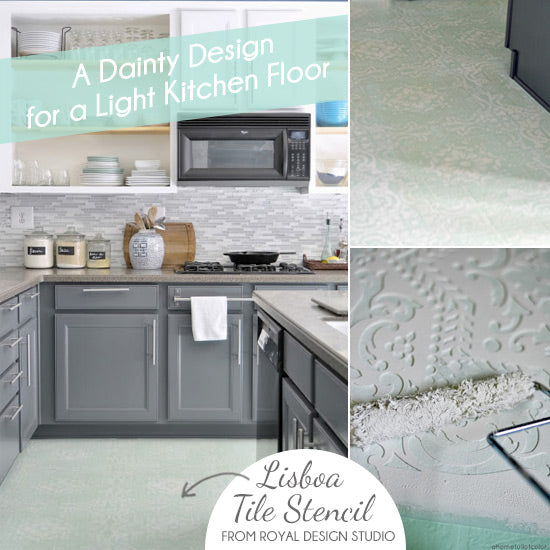 How to stencil an old linoleum floor with paint and the Lisboa Tile stencil from Royal Design Studio