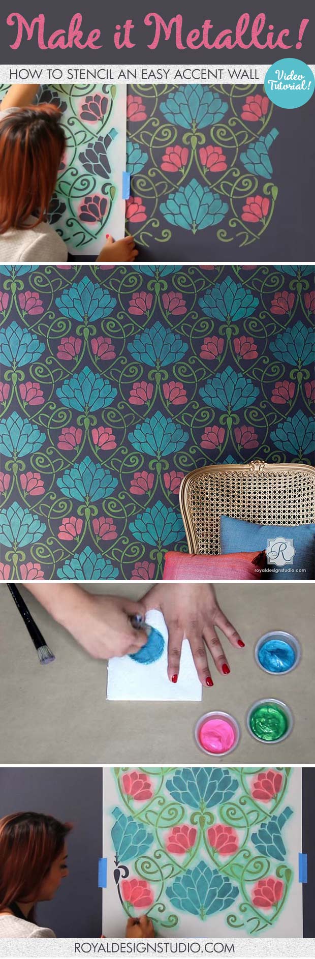 VIDEO Tutorial - How to Stencil an Easy Accent Wall with Metallic Paint - Flower Wall Stencils by Royal Design Studio