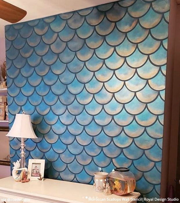 The #1 Thing You Need for a Mermaid Bedroom Wall Mural - DIY Home Decor Ideas - Fish Scale Tail Wallpaper Wall Stencils from Royal Design Studio Stencils