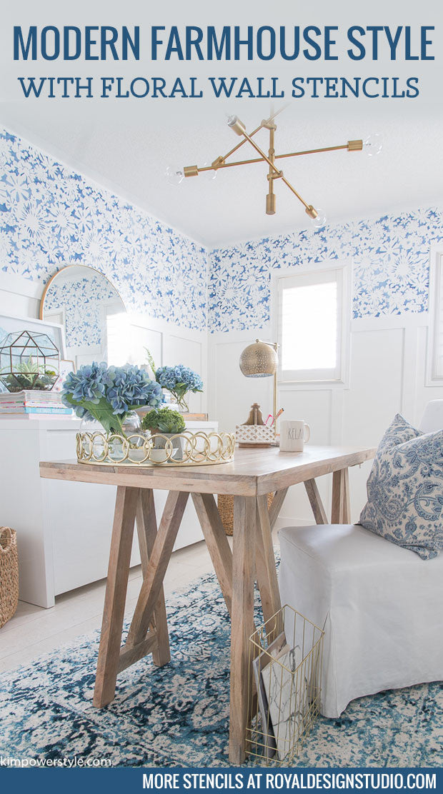 Blue and White Modern Farmhouse Style Home Office Makeover with Flower Wall Stencils - Royal Design Studio