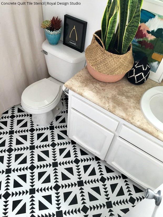 VIDEO Tutorial - How to Paint Black & White Bathroom Floor Tiles with Royal Design Studio Stencils & Annie Sloan Chalk Paint - Easy and Affordable DIY Decorating Project for Beginners!