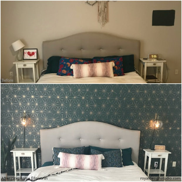 The PRETTIEST and BEST Before & After Room Makeovers using Stencils from Royal Design Studio - Wall Stencils, Floor Stencils, and Furniture Stencils for Painting and Decorating DIY Home Decor