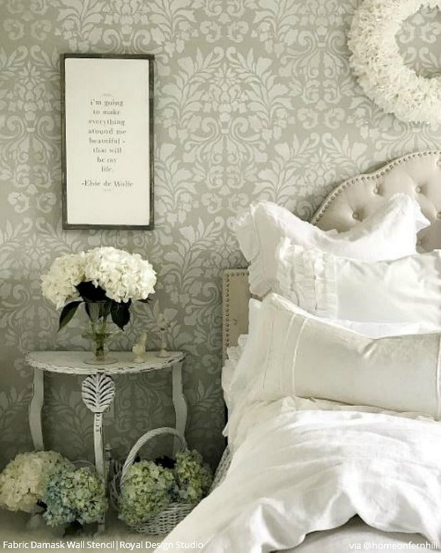 Stencil Your Bedroom Walls with a Classic Damask Wallpaper Look - French Country Farmhouse Style Bedroom Makeover by Home on Fern Hill - Fabric Damask Wall Stencils by Royal Design Studio