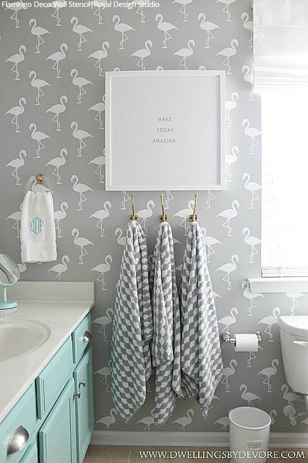 A Flock of Flamingo Stenciled Rooms! 11 DIY Decorating Ideas using Flamingo Wallpaper Wall Stencils - Royal Design Studio