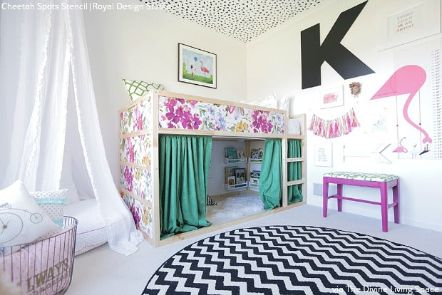 Spotted: Cute Girls Room Decor Idea with Animal Print Ceiling Stencils from Royal Design Studio