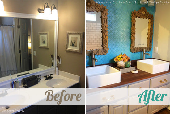 Stenciled bathroom before & after. Iridescent blue fishscale pattern. 