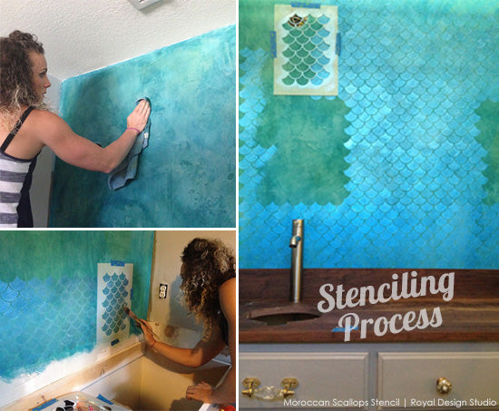 How to stencil a bathroom wall with the Moroccan Scallops wall stencil from Royal Design Studio