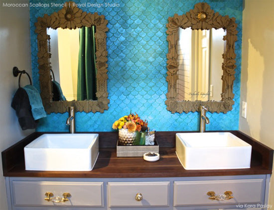 Stenciled blue bathroom using the Moroccan Scallops Stencil to create a beatufiul mermaid tale effect!