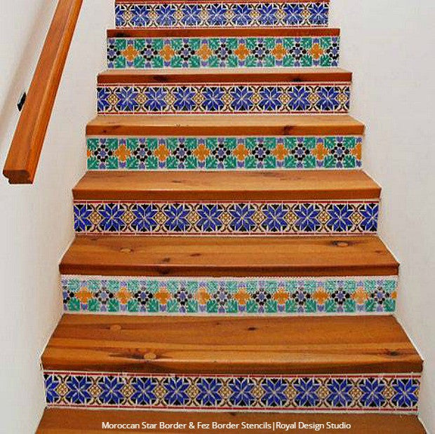 Simple to Sensational: 12 Stencil Ideas for Your Stairs - Painted Stair Risers using Moroccan, Floor, & Tile Stencils from Royal Design Studio