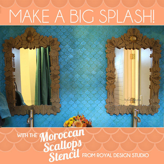 Beautiful blue bathroom wall with Moroccan Scallops wall stencil | Royal Design Studio